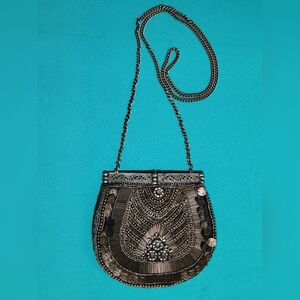 Free People Metallic Beaded Bohemian Crossbody Bag Festival Silver Chain